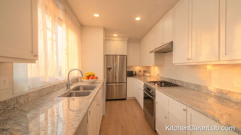 15 minute nightly kitchen reset routine showing a clean and organized modern family kitchen