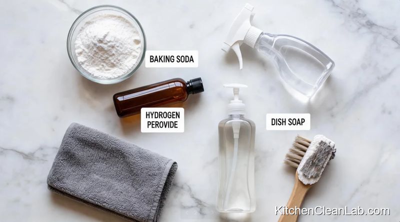 Acid-free supplies for cleaning tile grout on kitchen backsplashes without acid
