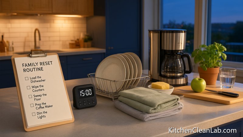 Step by step after dinner kitchen reset routine checklist for kids and parents