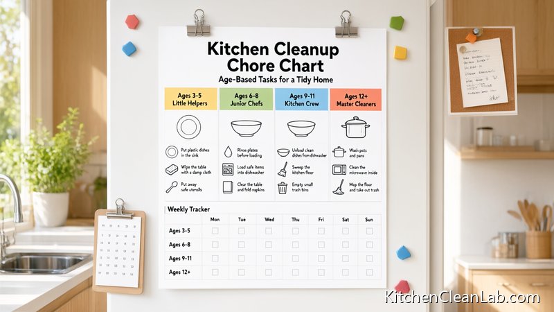 Age appropriate kitchen cleanup chore chart for children with pictures and simple labels
