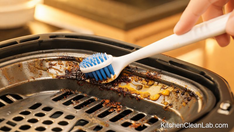 Cleaning hidden crevices on the air fryer basket rim and drainage groove