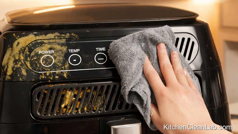 Wiping the hidden rear exhaust vent and control panel of an air fryer