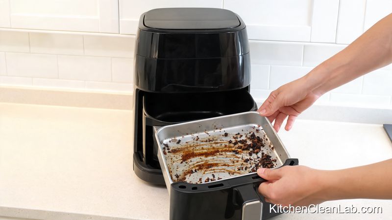 Removing and cleaning the hidden crumb tray underneath an air fryer basket