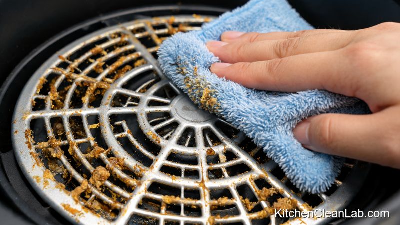 Hidden air fryer fan guard cleaning to remove grease and dust buildup