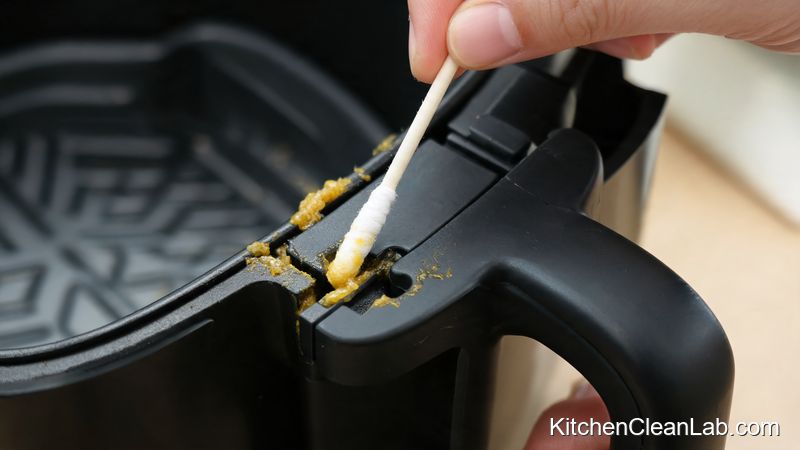 Cleaning the hidden handle seam and hinge joint of an air fryer basket