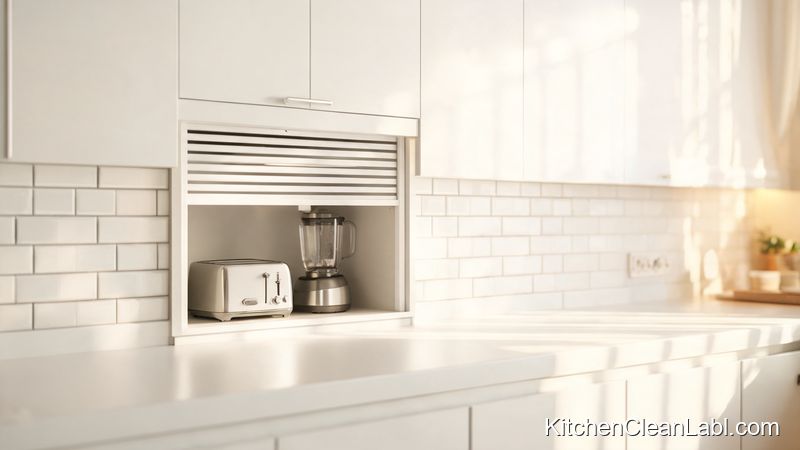 Appliance garage cabinet hiding toaster and blender on uncluttered kitchen countertop