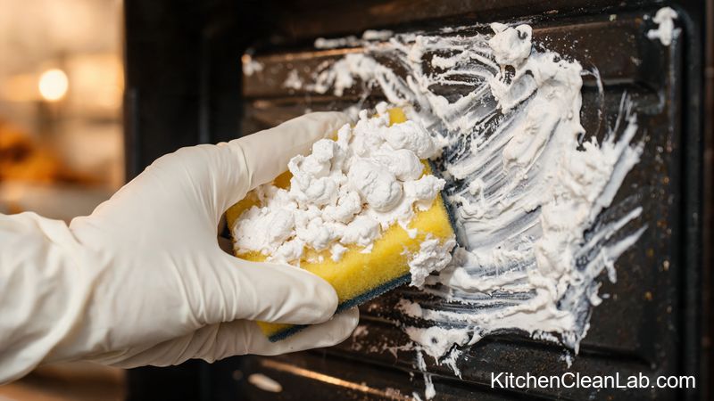 Applying baking soda paste inside an oven as part of a natural oven cleaning method