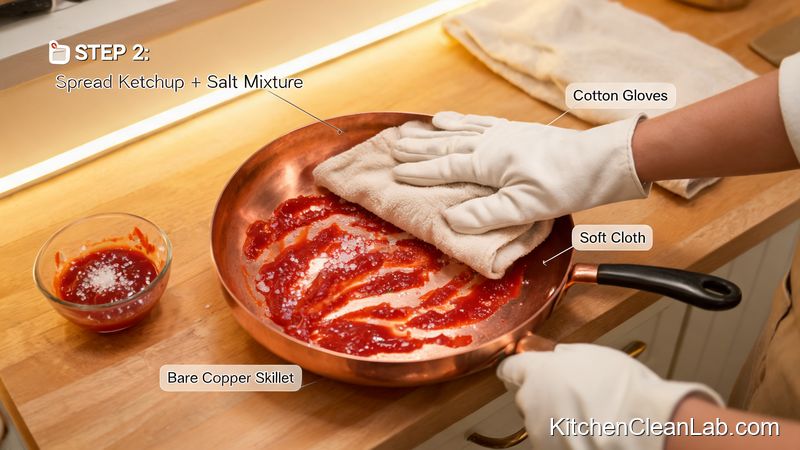 Applying ketchup and salt paste to clean copper cookware by hand