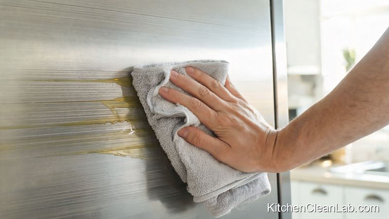 Hand applying homemade olive oil polish to a stainless steel refrigerator with a microfiber cloth following the grain