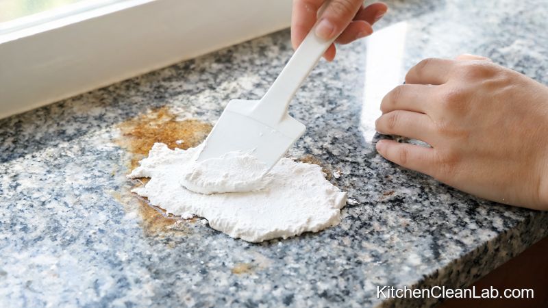 Applying baking soda poultice to remove hard water stains from granite