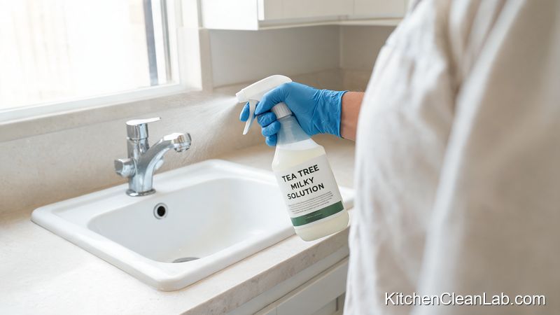 Person wearing blue gloves spraying tea tree oil solution on the faucet base and rim of a kitchen sink