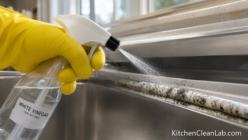 Spraying white vinegar onto moldy caulk around a kitchen sink to loosen black mold and mildew stains