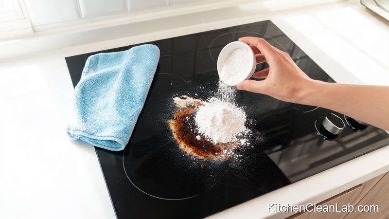 How to remove burnt-on food from glass cooktops without scratching - applying baking soda paste