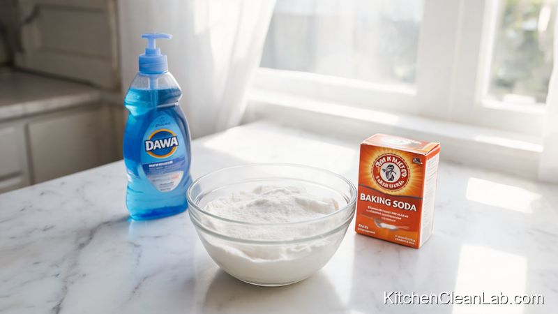 Baking soda and dish soap degreaser paste in a glass bowl ready for kitchen cleaning