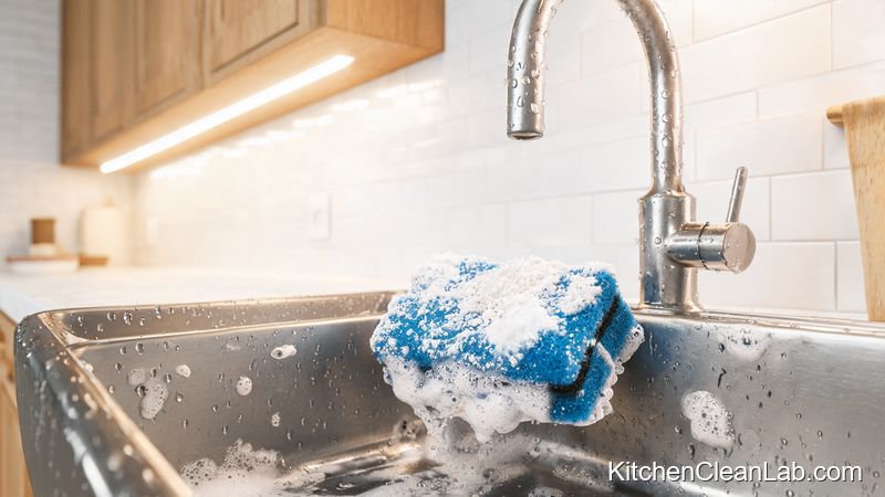 Scrubbing a stainless steel kitchen sink with baking soda and dish soap degreaser