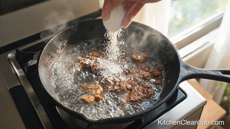 Baking soda and hot water simmering in a cast iron skillet to loosen burnt residue without soap
