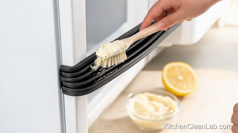 Baking soda paste cleaning mold from refrigerator door gasket crevices