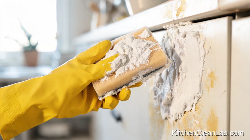 Applying baking soda paste to remove yellowing from white laminate cabinet