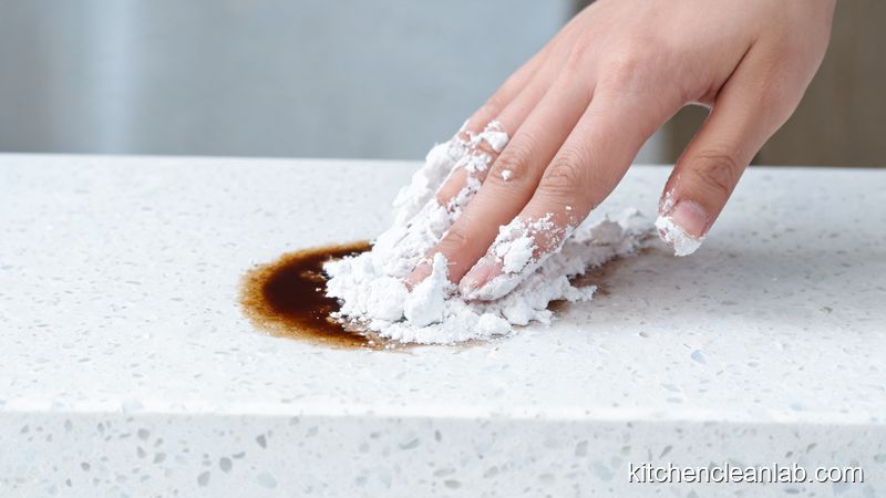 Applying baking soda paste to a coffee stain on a white quartz countertop to lift the stain safely