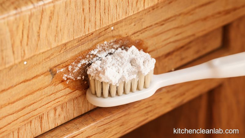 Hand wiping a sticky wood kitchen cabinet door with a damp microfiber cloth