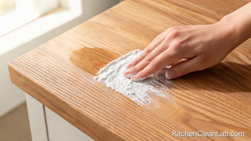 Baking soda paste rubbed along wood grain to remove a white water ring on a kitchen island top