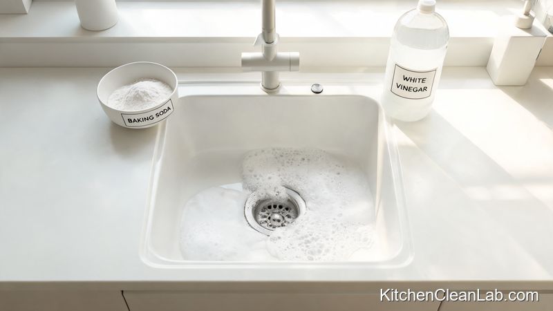 Baking soda and vinegar natural garbage disposal cleaner in a kitchen sink