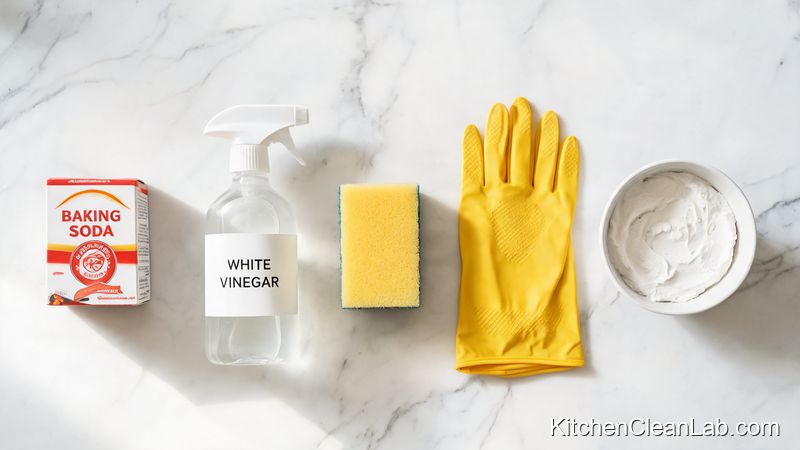 Supplies to clean an oven with baking soda and vinegar on a kitchen counter