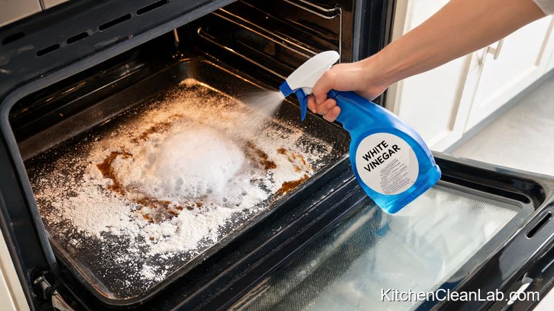 Cleaning an oven spill with baking soda and vinegar spray