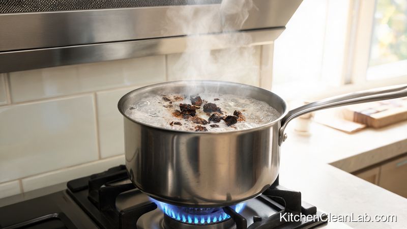 boiling cream of tartar solution inside burnt pan to remove black scorch marks