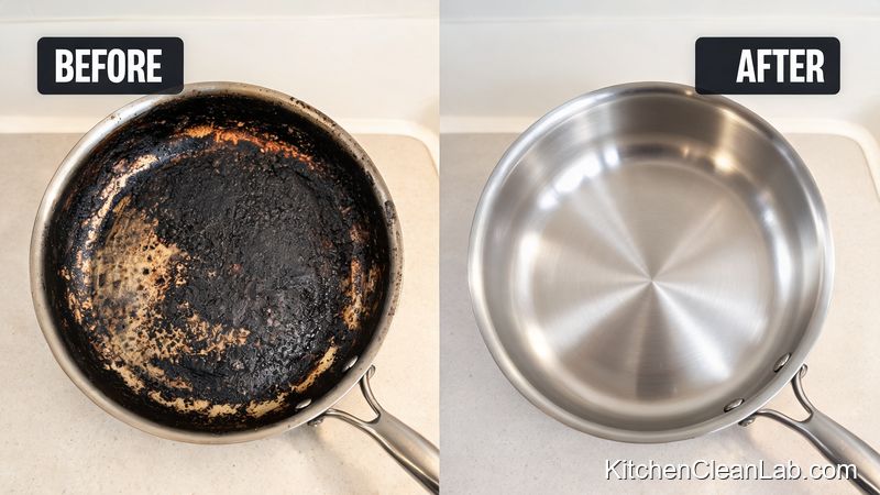 before and after burnt stainless steel pan cleaned with cream of tartar
