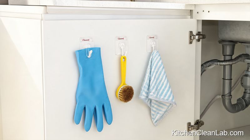 command hooks on cabinet door holding cleaning tools under sink
