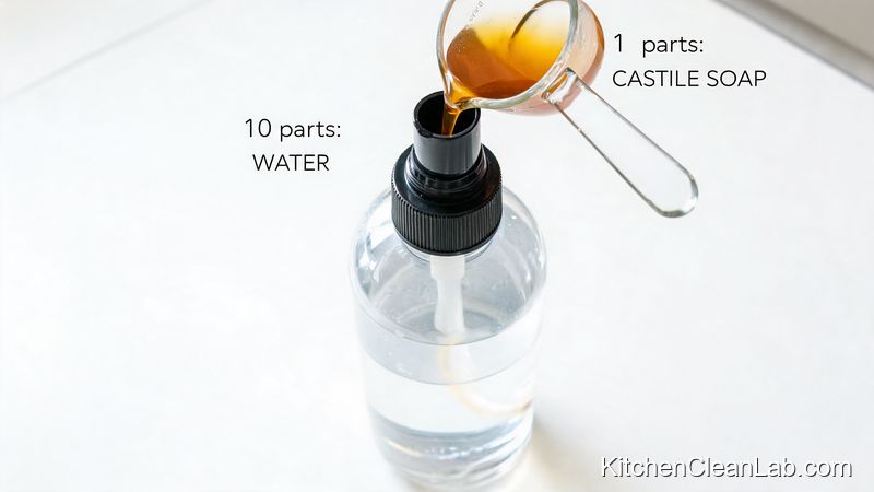 Measuring castile soap dilution in a reusable squirt bottle for non-toxic kitchen dishwashing