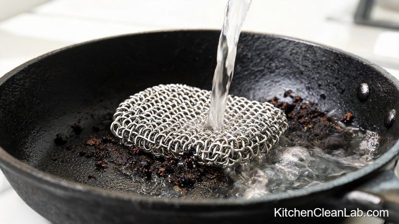 Stainless steel chainmail scrubber cleaning a cast iron skillet with warm water to lift carbon residue without soap