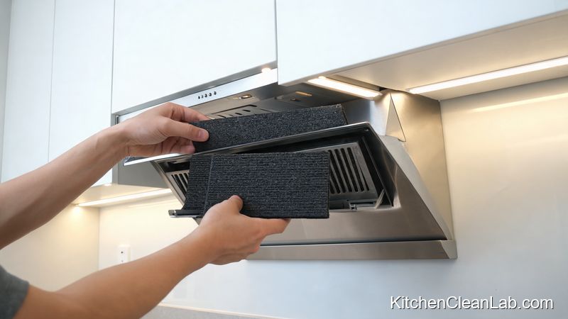 Replacing a charcoal range hood filter in a ductless kitchen vent