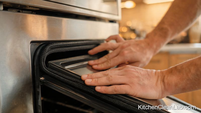 checking oven door seal for heat loss during monthly kitchen maintenance