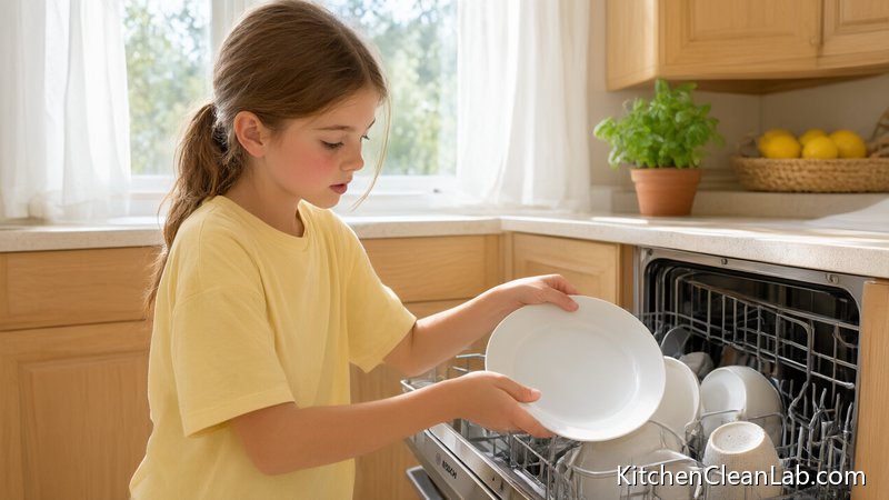 Child loading unbreakable dishes into dishwasher during daily kitchen cleanup training