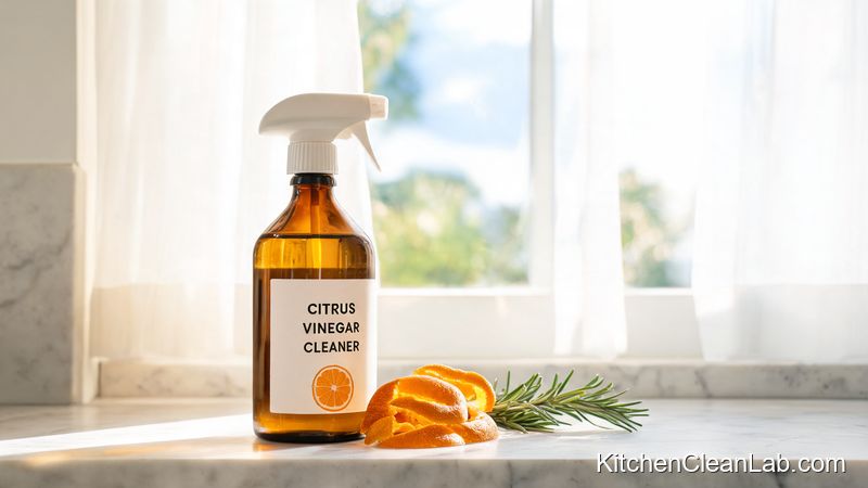 Finished all-purpose kitchen spray with vinegar and citrus in glass spray bottle