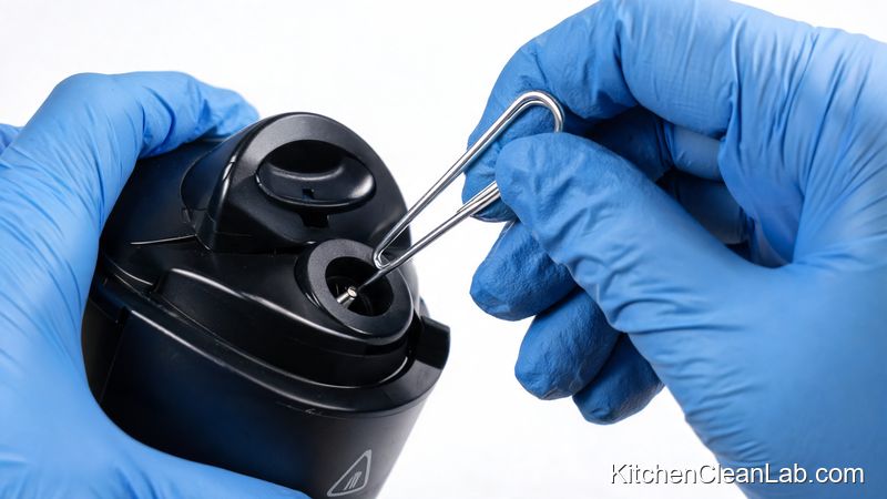 Close-up of a paper clip cleaning the Keurig entrance needle holes