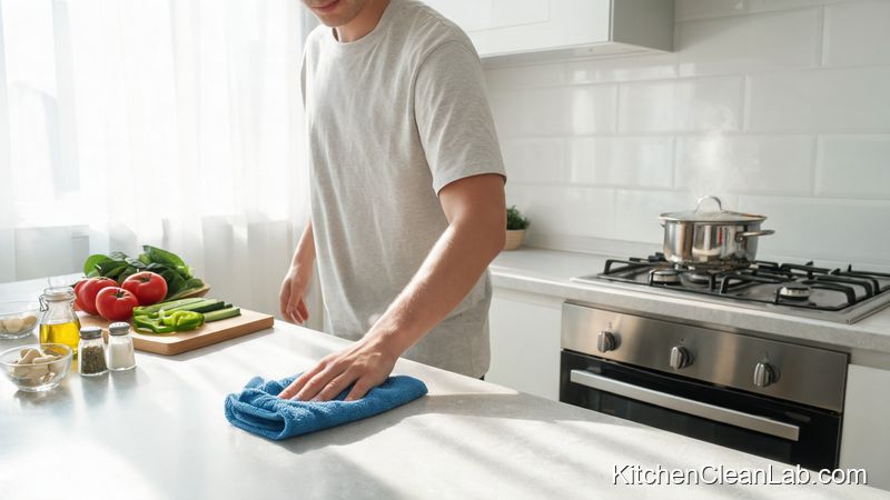 Cook wiping the counter while preparing a meal in a spotless kitchen