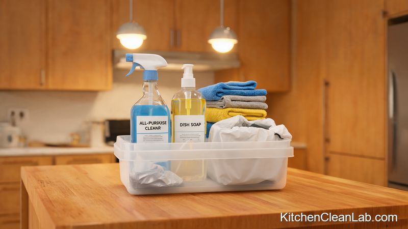 cleaning caddy with spray bottle and microfiber cloths for 15 minute kitchen reset
