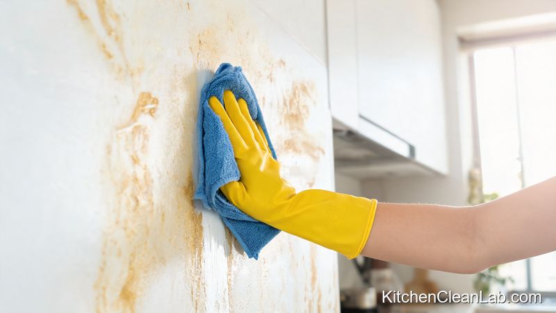 Yellow rubber glove wiping grease off painted kitchen wall with microfiber cloth