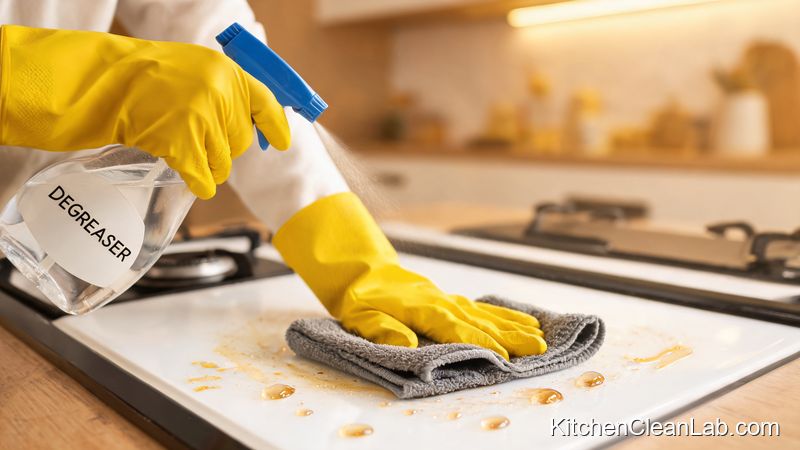 Cleaning greasy stove top after pan frying fish and fried food