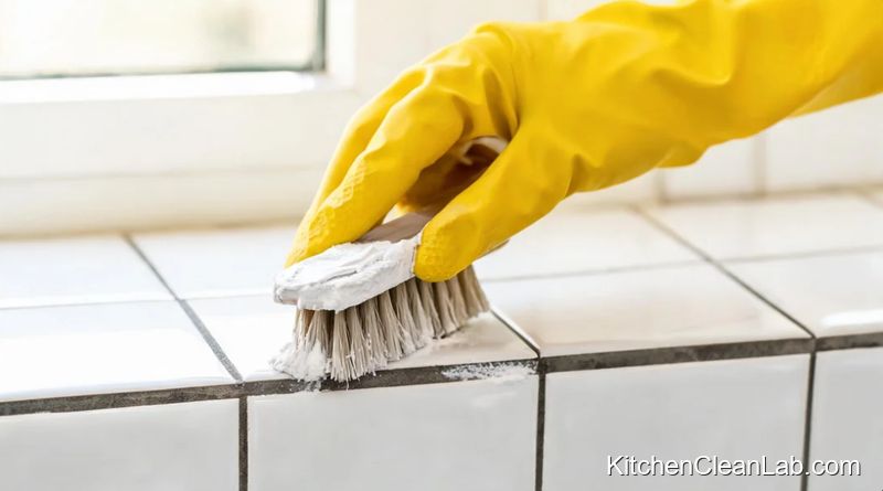 Cleaning tile grout on kitchen backsplash without acid using baking soda paste