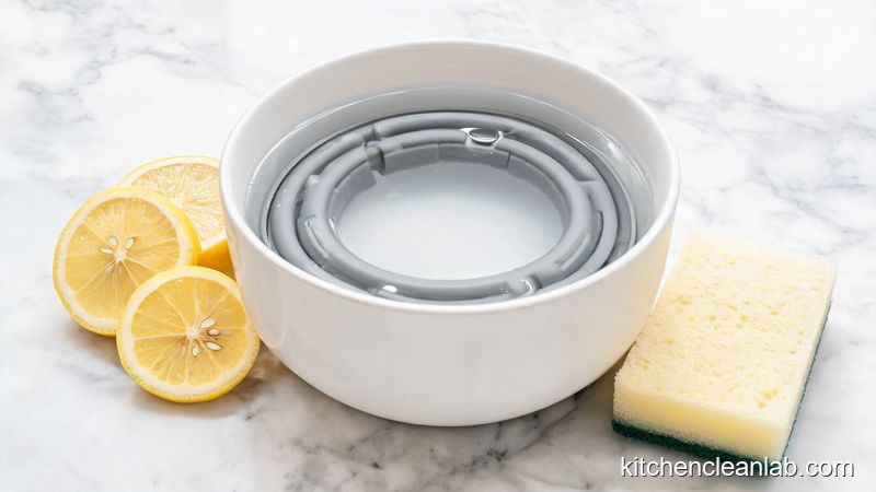 Silicone Instant Pot sealing ring soaking in white vinegar with lemon slices