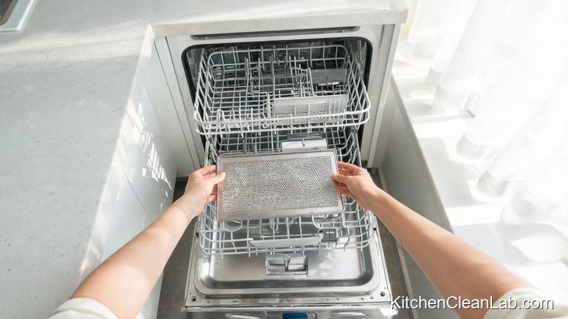 Stainless steel baffle filter being placed in top rack of dishwasher for monthly cleaning