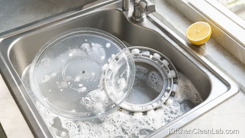 washing microwave glass turntable and roller ring in warm soapy water