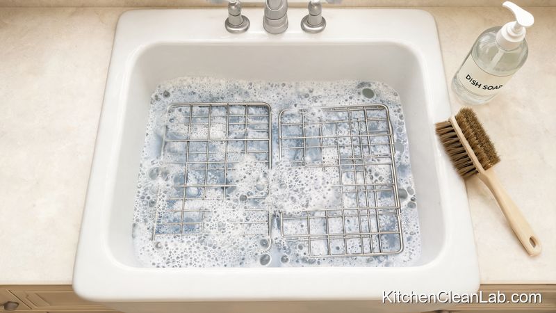 Cleaning oven racks in a sink after using baking soda and vinegar oven cleaner