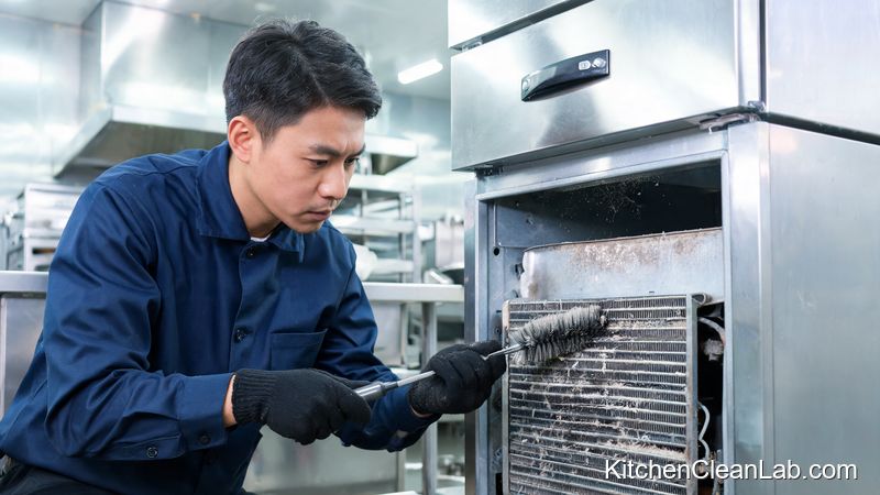 technician cleaning refrigerator condenser coils to prevent costly repairs
