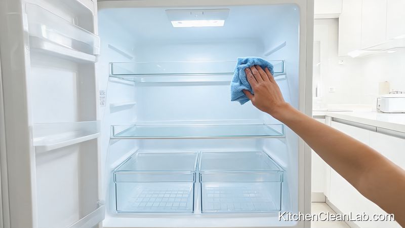 Cleaning refrigerator interior before moving out with warm soapy water and microfiber cloth