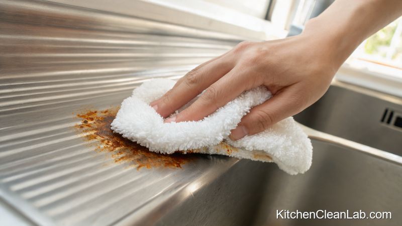 Cleaning rust stain from stainless steel sink by rubbing with the grain using a soft cloth
